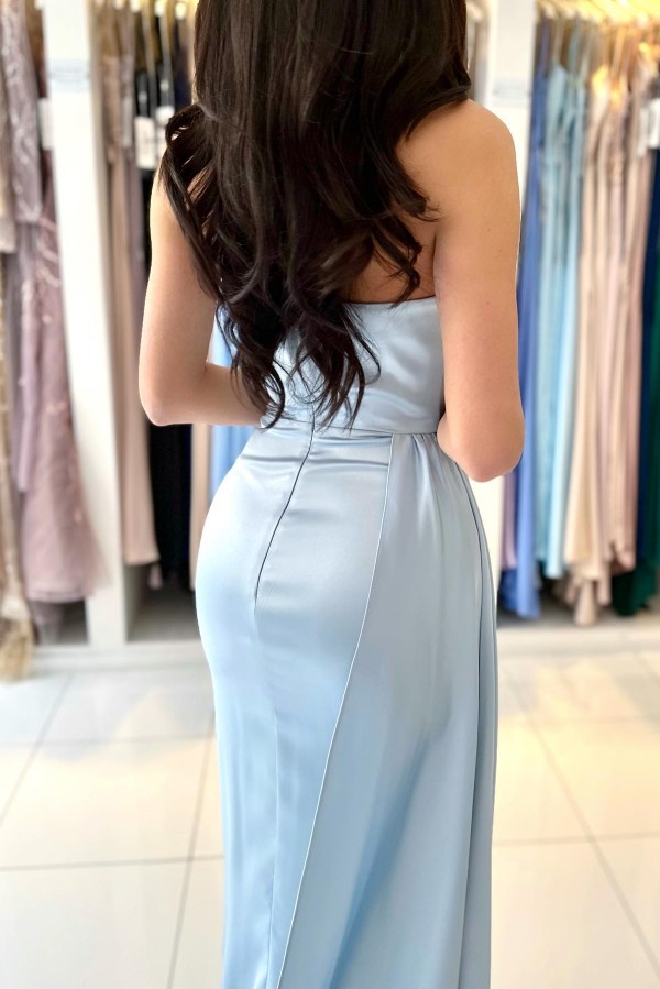 Bmbridal Sky Blue Strapless Pleat Prom Dress Mermaid With Slit Ruffles