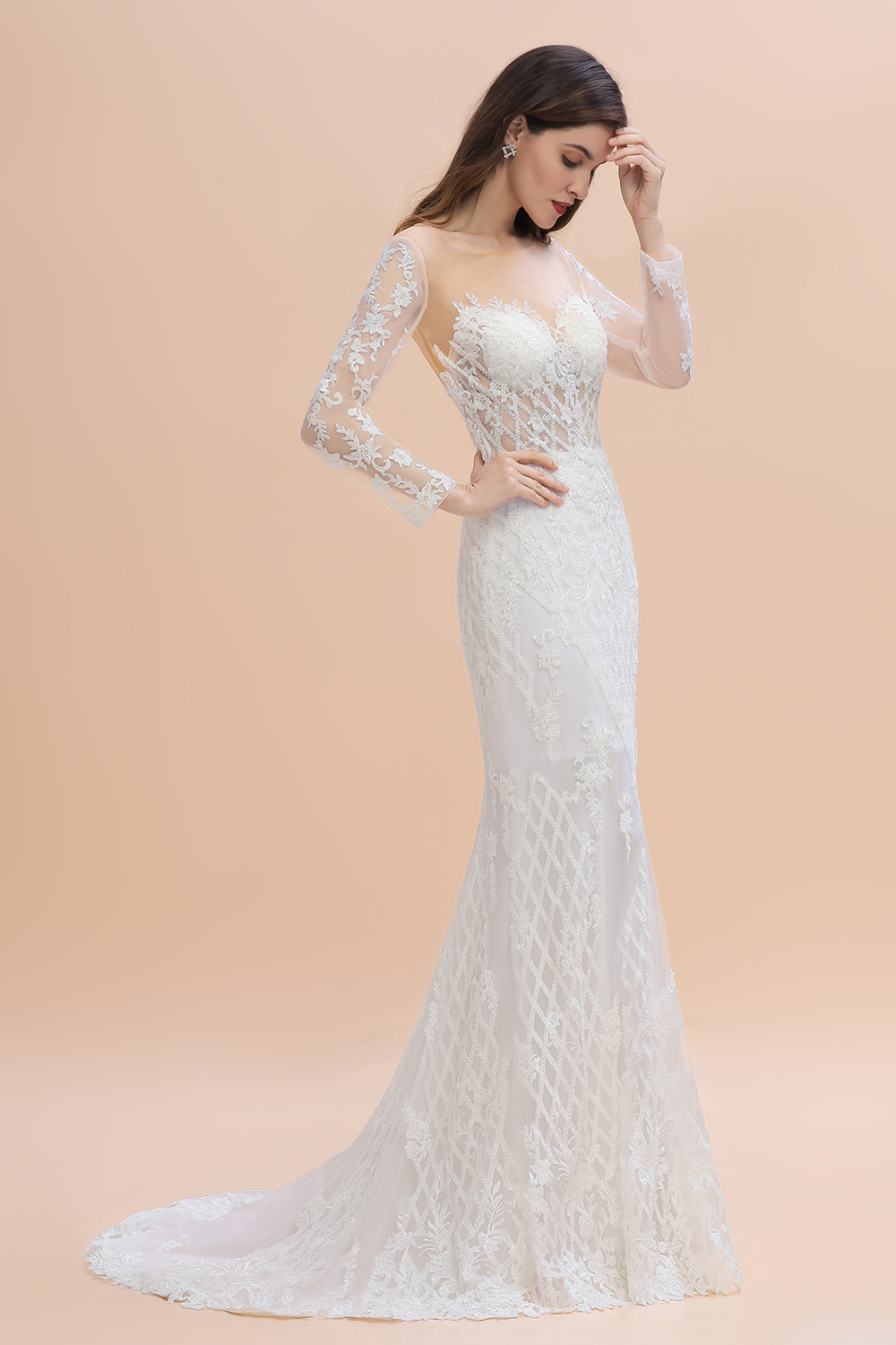BMbridal Gorgeous Jewel Tulle Lace Wedding Dress Long Sleeves Appliques Mermaid Bridal Gowns On Sale-BMbridal