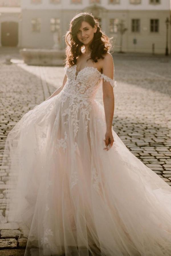 Bmbridal Off-the-Shoulder Beach Wedding Dress Tulle With Appliques-BMbridal
