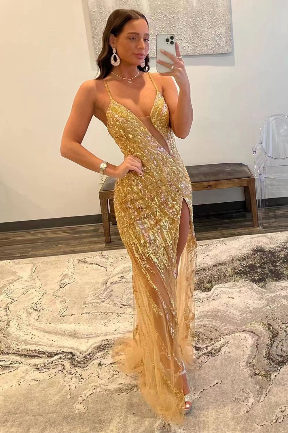 Gold Halter Sleeveless Prom Dress Mermaid Long With Slit