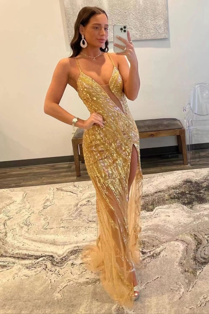 Gold Halter Sleeveless Prom Dress Mermaid Long With Slit
