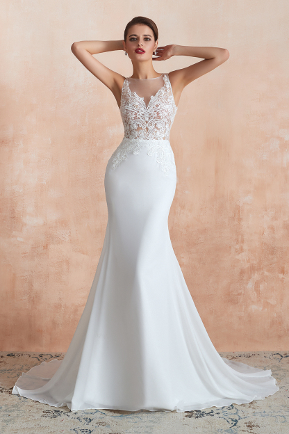 BMbridal Beautiful Mermaid V-Neck White Lace Wedding Dresses Affordable Online
