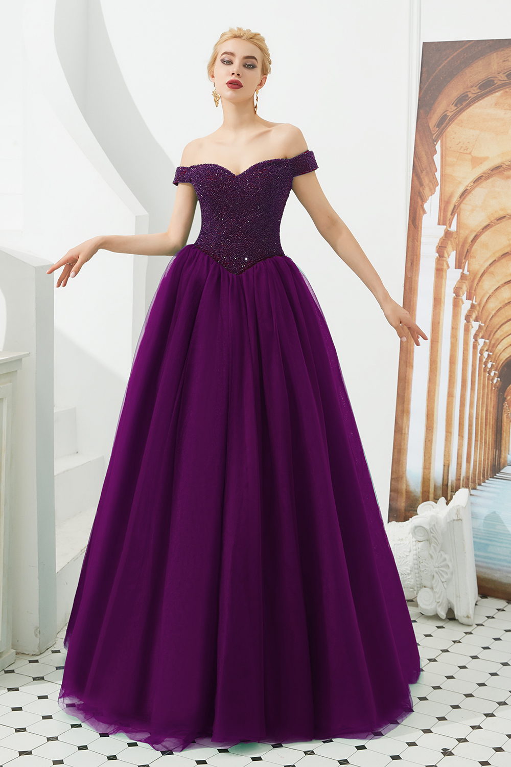 BMbridal Princess Off-the-Shoulder Prom Dress Beadings Sweetheart Ball Gown Evening Gowns