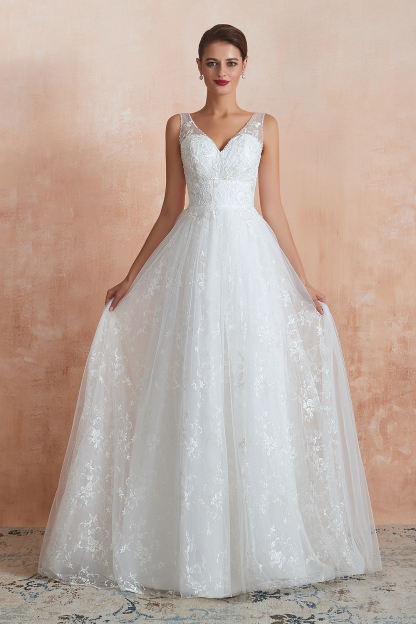 BMbridal Affordable V-Neck Tulle Lace Long White Wedding Dresses Online