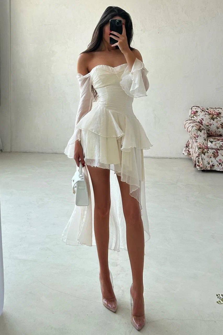 Strapless Long Sleeves Off the Shoulder Short Prom Dress With Ruffles