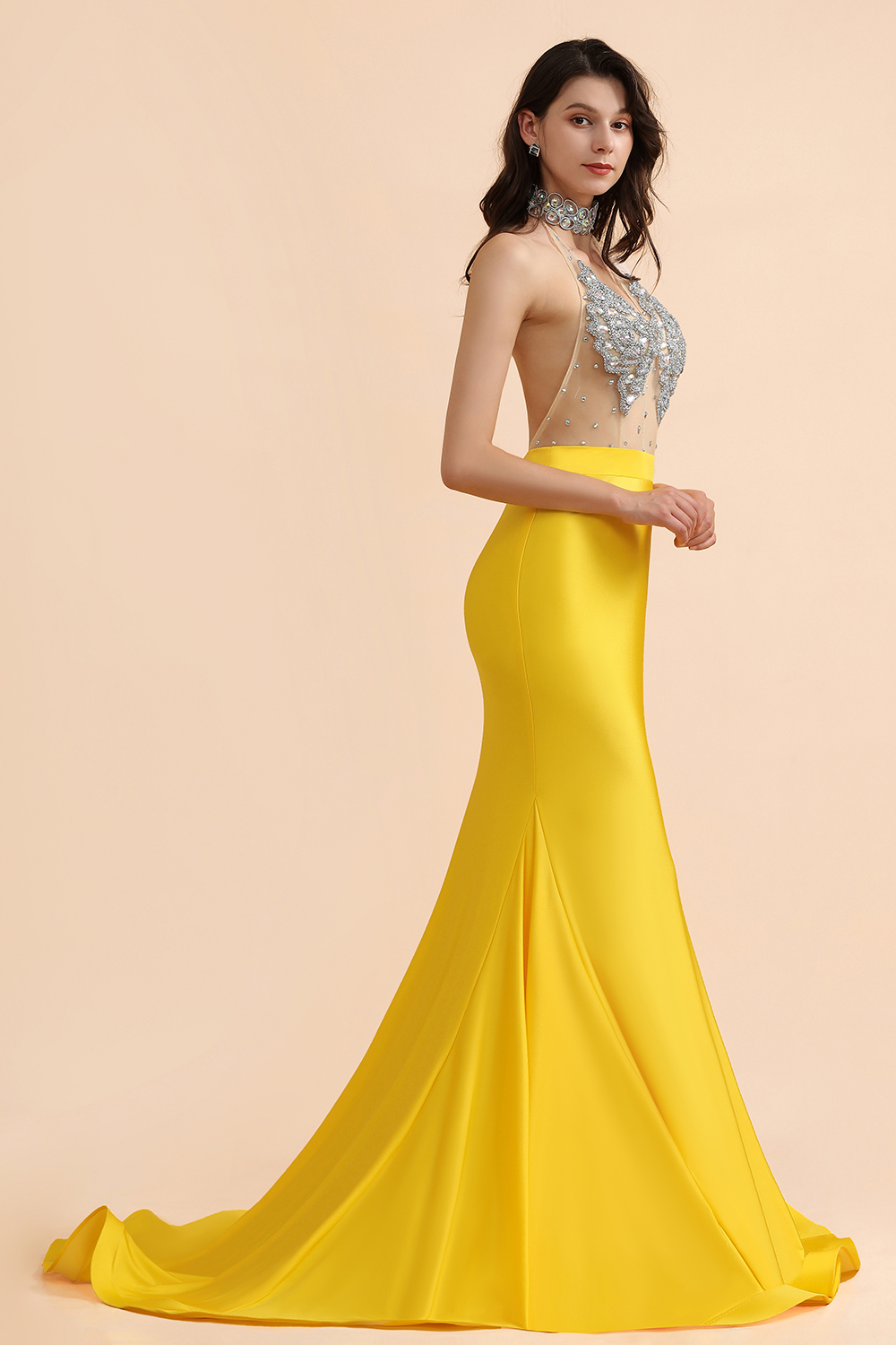 BMbridal Sexy Yellow Halter Backless Prom Dress Long Mermaid With Crystals