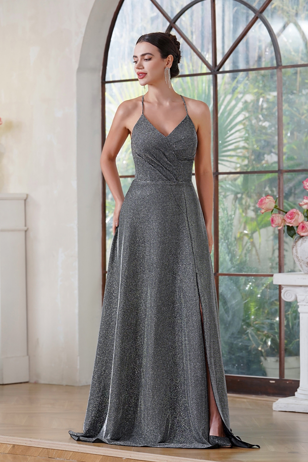 Sexy Sequined V-Neck Spaghetti Straps Sleeveless A-Line Prom Dresses with Slit