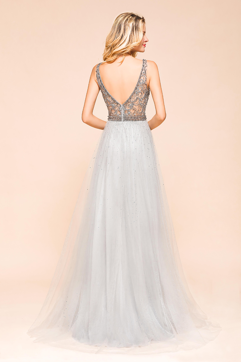 BMbridal Charming V-Neck Tulle Long Prom Dress With Crystals On Sale