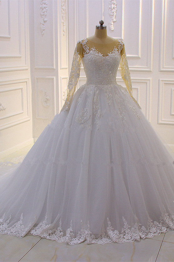 Stylish Long Sleeves Bateau Lace A-Line Wedding Dress with Tulle Pearl Appliques