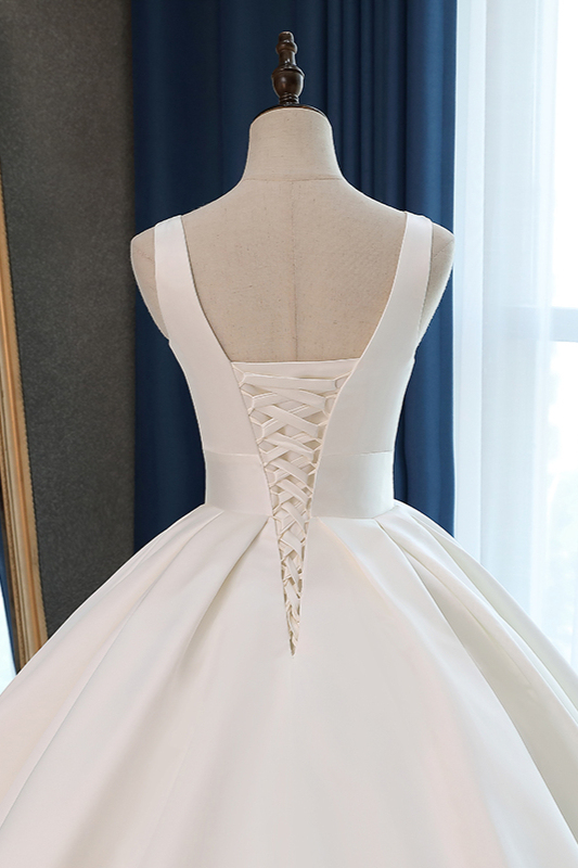 BMbridal Sexy Deep-V-Neck Straps Satin Wedding Dress Ball Gown Ruffles Sleeveless Bridal Gowns Online-BMbridal
