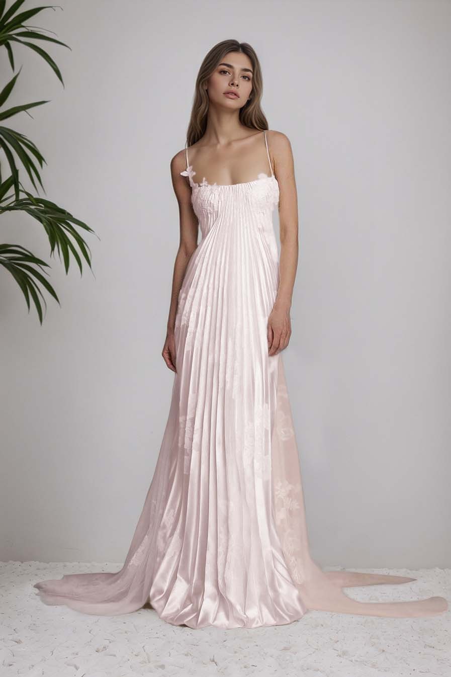 Stain Spaghetti Strap Sleeveless Long Prom Dress With Appliques
