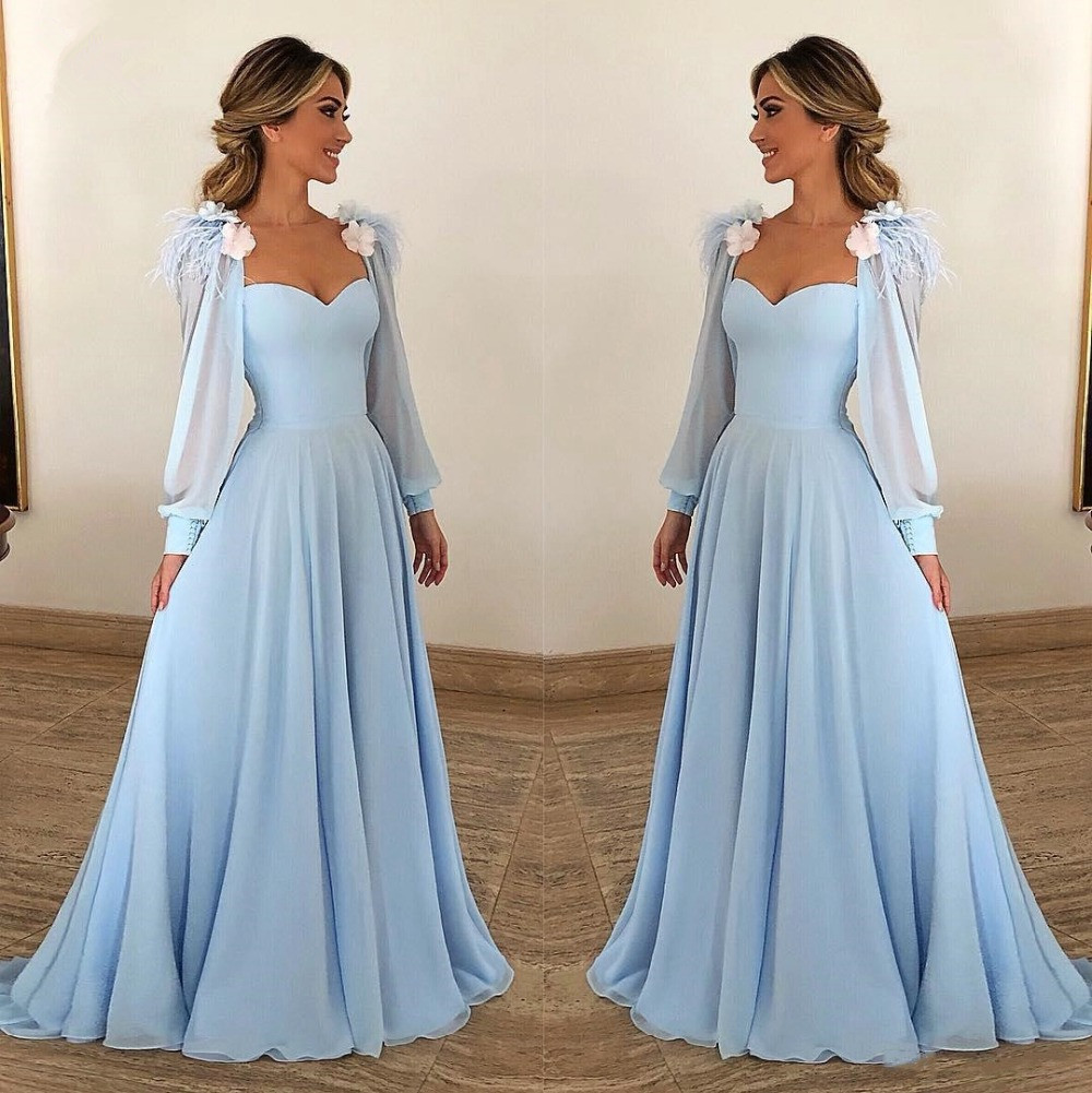 Bmbridal Sky Blue Long Sleeves Prom Dress Long Chiffon Sweetheart