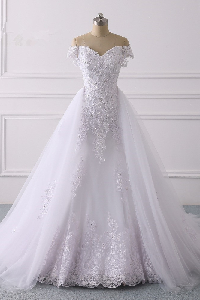 BMbridal Elegant Off-the-Shoulder Tulle Lace Wedding Dress Sweetheart Appliques Beadings Sleeveless Bridal Gowns On Sale-BMbridal