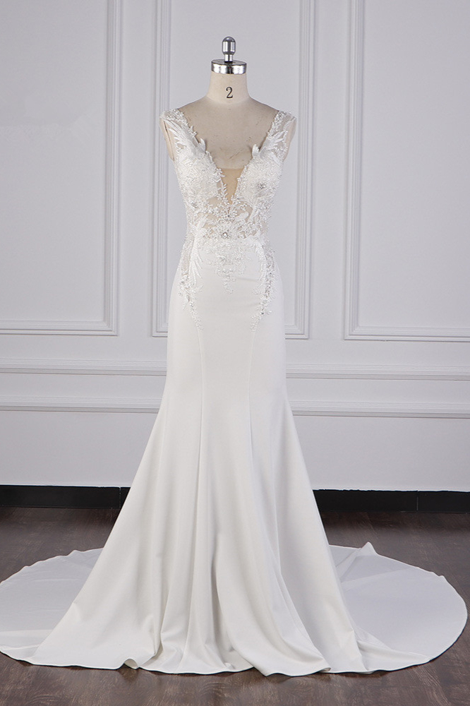 BMbridal Glamorous Mermaid Satin Sleeveless Wedding Dress White Lace Appliques Bridal Gowns with Beadings On sale-BMbridal
