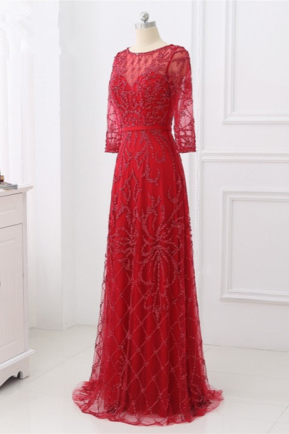 BMbridal Glamorous Red Tulle Jewel Appliques Prom Dresses Long Sleeves with Rhinestones On Sale