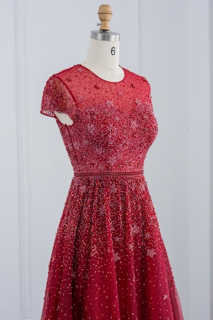 Bmbridal Red A-Line Short Sleeves Floor-Length Prom Dresses with Beadings