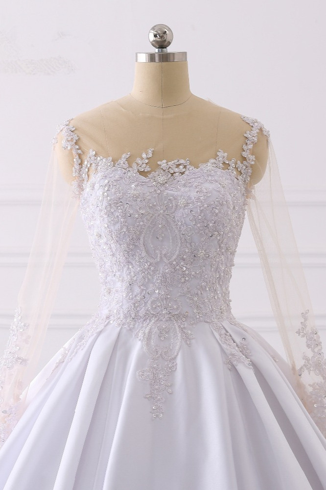 BMbridal Glamorous Ball Gown Jewel Satin Tulle Wedding Dress Long Sleeves Ruffles Lace Bridal Gowns Online-BMbridal
