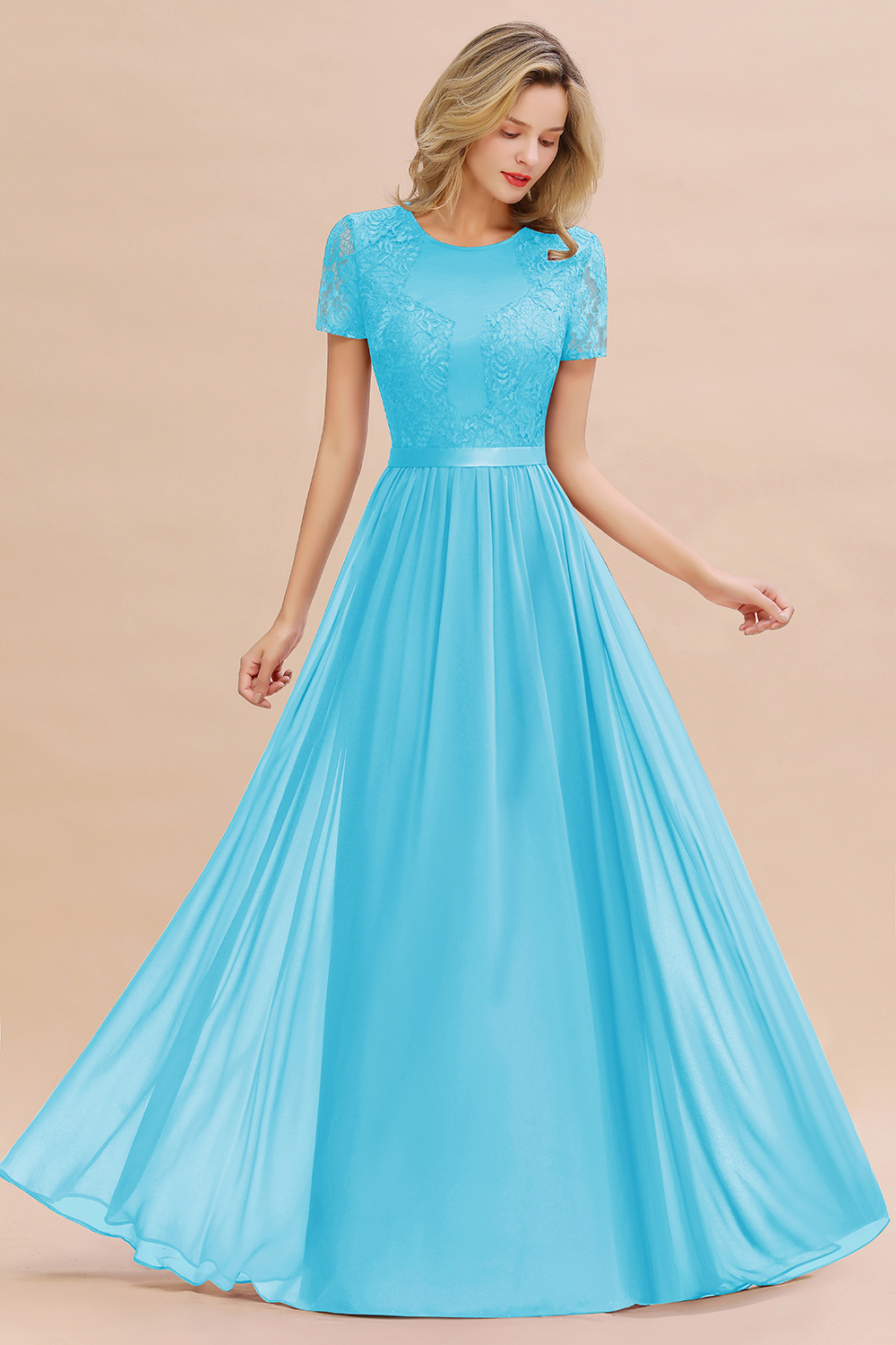 BMbridal Elegant Chiffon Lace Jewel Short-Sleeves Affordable Bridesmaid Dress-BMbridal