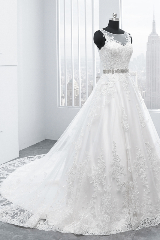 BMbridal Simple Jewel Tulle Lace Wedding Dress A-Line Appliques Beadings Bridal Gowns with Sash Online-BMbridal