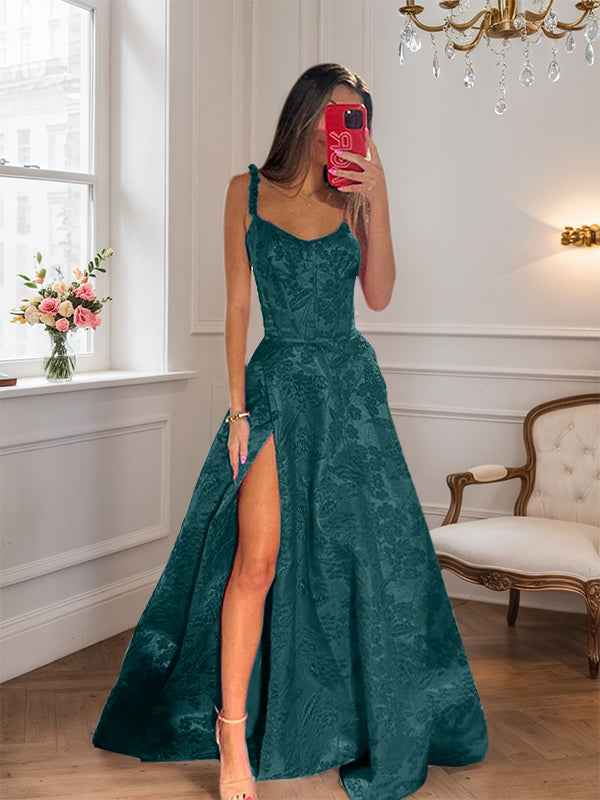 Hot Pink A Line Floral Long Prom Dress with High Slit