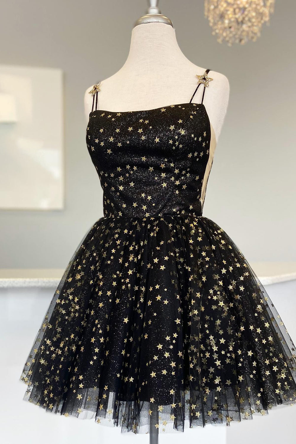 Sparkly Black Sequins Stars A-Line Short Homecoming Dress-BMbridal