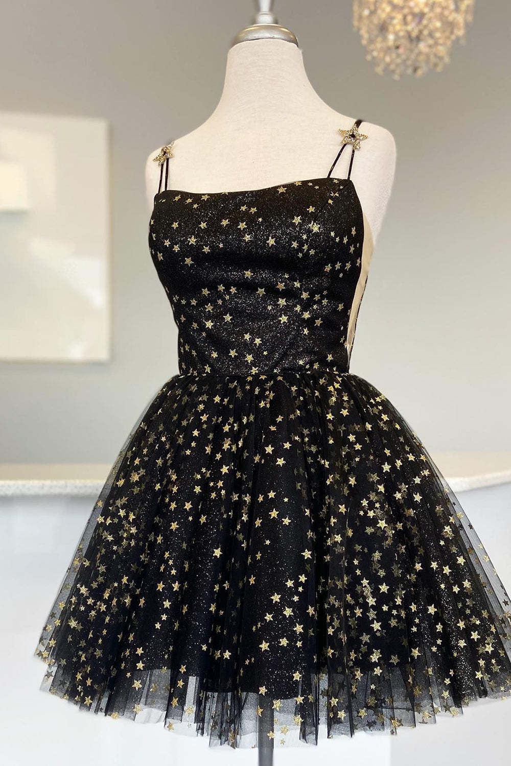 Sparkly Black Sequins Stars A-Line Short Homecoming Dress-BMbridal