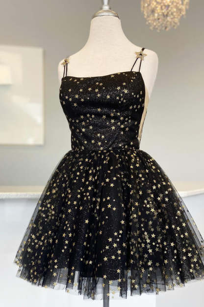 Sparkly Black Sequins Stars A-Line Short Homecoming Dress-BMbridal