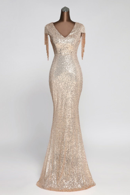 BMbridal Elegant V-Neck Beading Long Mermaid Prom Dresses with Short Sleeves Online