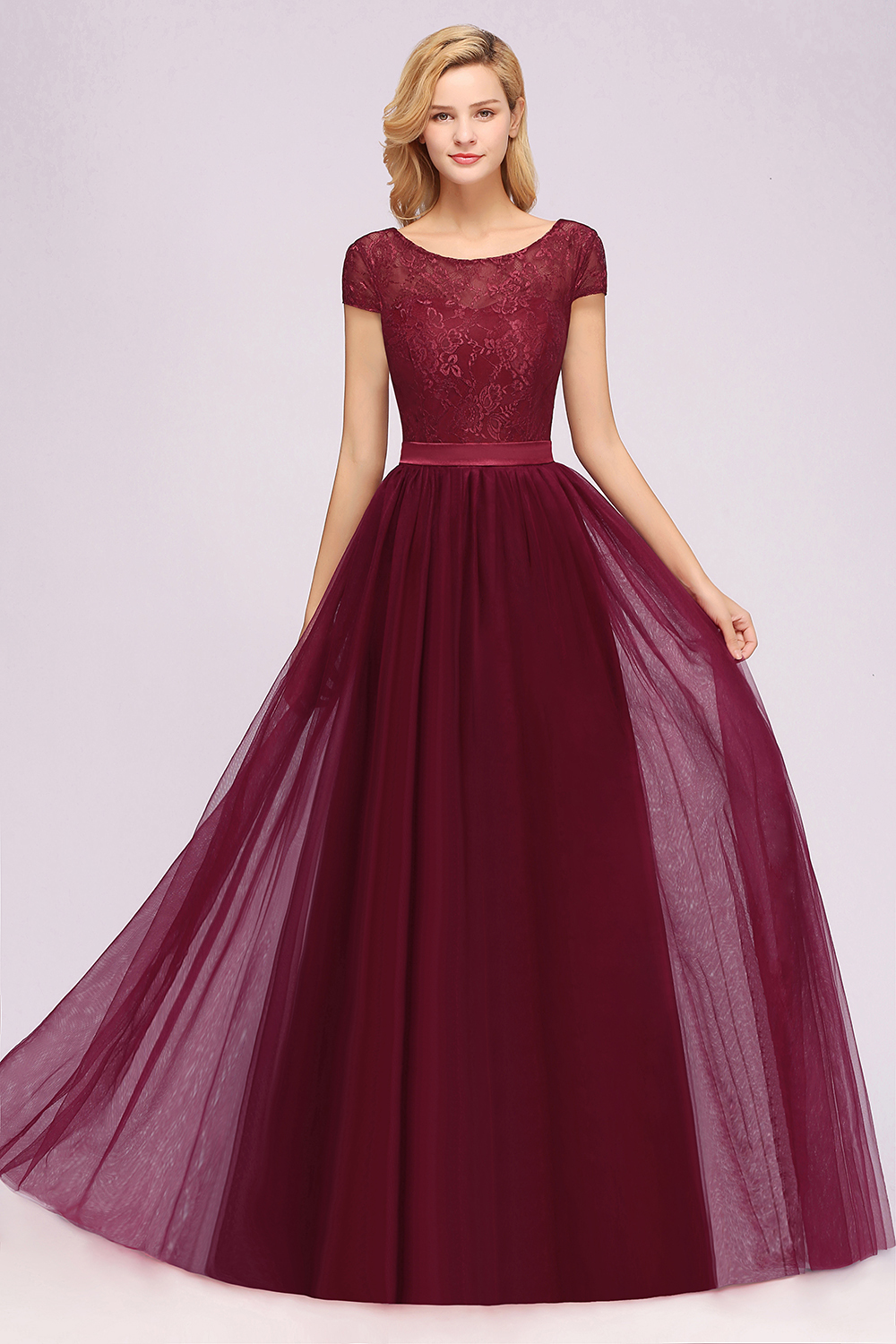 BMbridal Elegant Lace Cap Sleeves Burgundy Bridesmaid Dresses Affordable-BMbridal