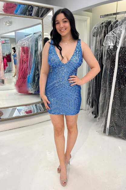 White Sequins V-Neck Tight Homecoming Dress