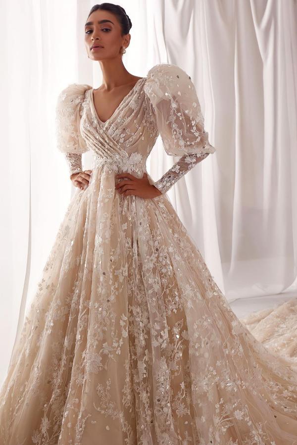 Fabulous A-Line Lace V-Neck Long Sleeves Tulle Wedding Dresses-BMbridal