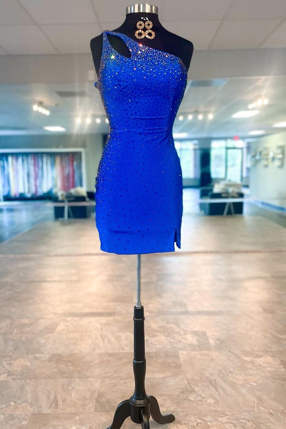 Glitter Royal Blue One Shoulder Sequins Tight Short Homecoming Dress-BMbridal