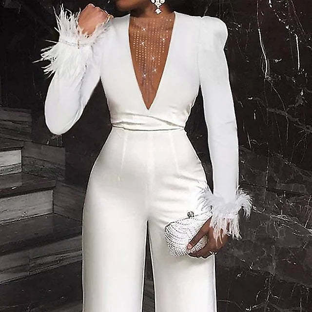 Charming V-Neck Feather White Sequins Long Sleeves Jump Suit