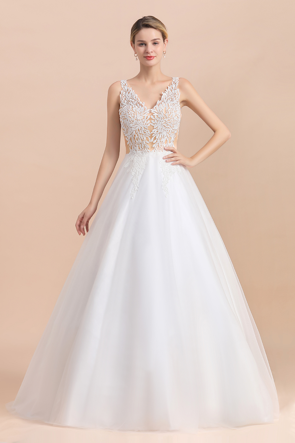 BMbridal Boho V-Neck Lace Wedding Dress Tulle Appliques Sleeveless Bridal Gowns On Sale-BMbridal