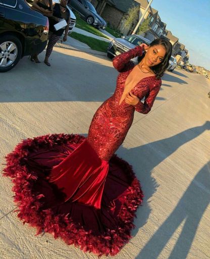 BMbridal Long Sleeves Burgundy Prom Dress Sequins Mermaid Online