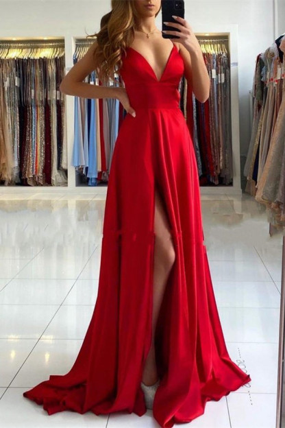 Bmbridal Spaghetti-Straps Red Prom Dress Slit Sleeveless V-Neck