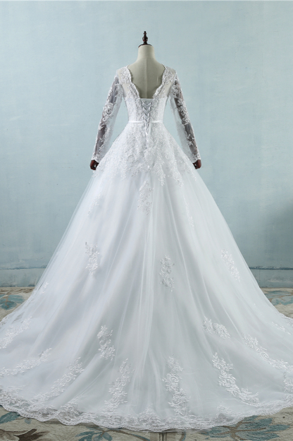 BMbridal Elegant Jewel Tulle Lace Wedding Dress Long Sleeves Appliques A-Line Bridal Gowns On Sale