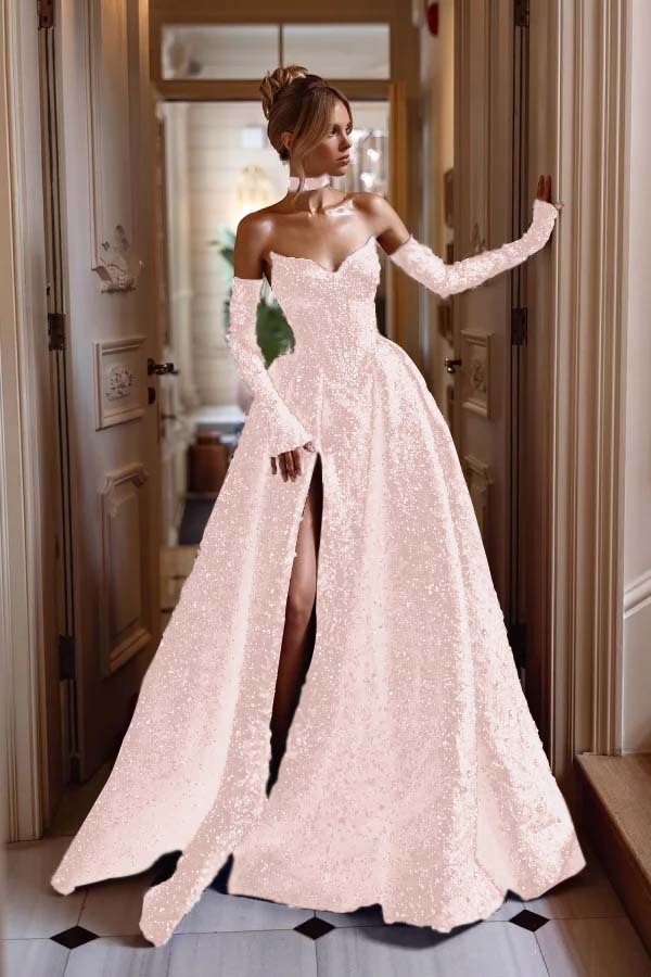 Strapless Sleeveless Long Split Prom Dress With Sequins Detachable sleeves