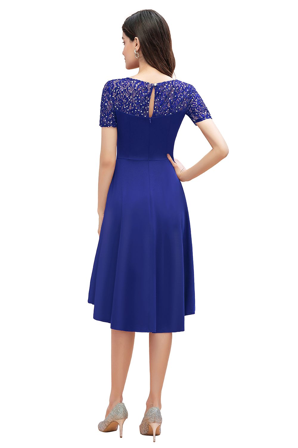 BMbridal Lovely Jewel Satin Sequins Bridesmaid Dress Short Sleeve Burgundy Cocktail Dress