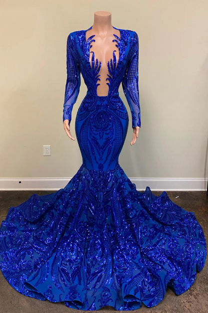 Bmbridal Royal Blue Long Sleeevs Prom Dress Mermaid Sequins Party Gowns
