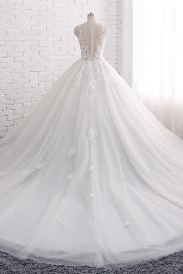 BMbridal Elegant Straps Sleeveless White Wedding Dresses With Appliques A line Tulle Bridal Gowns On Sale-BMbridal