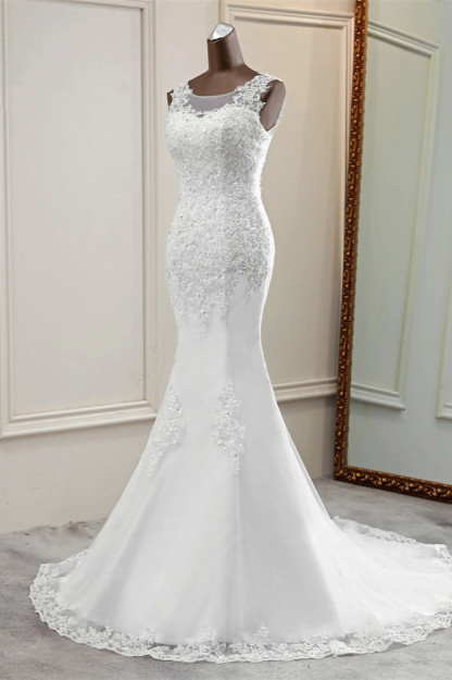 BMbridal Stunning Jewel Sleeveless White Wedding Dresses White Mermaid Beadings Bridal Gowns