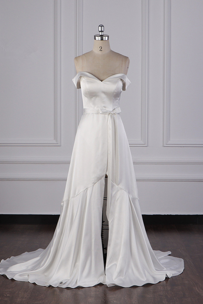 BMbridal Sexy Off-the-Shoulder Satin Wedding Dress Sweetheart Front Slit Bridal Gowns with Bow On Sale-BMbridal