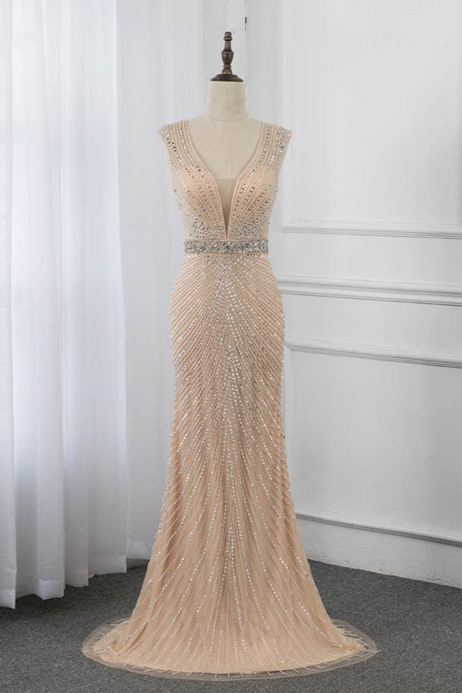 BMbridal Luxury V-Neck Beadings Mermaid Prom Dresses with Crystals On Sale