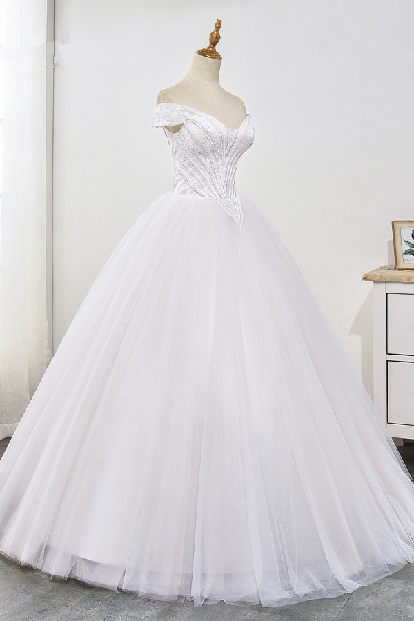 BMbridal Stunning Off-the-Shoulder Ball Gown White Tulle Wedding Dress Sweetheart Sleeveless Beadings Bridal Gowns Online-BMbridal
