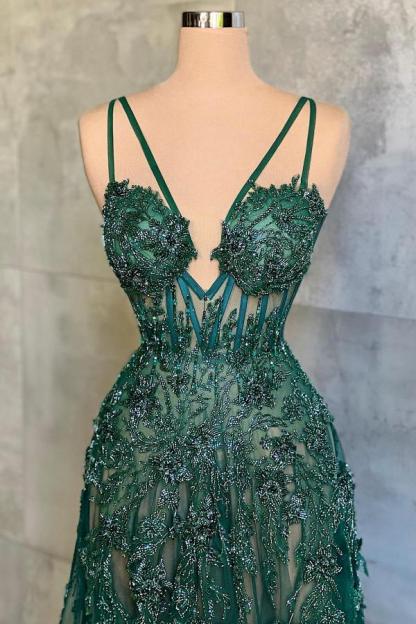 BMbridal Dark Green Sleeveless Tulle Prom Dresses Long With Appliques Beads