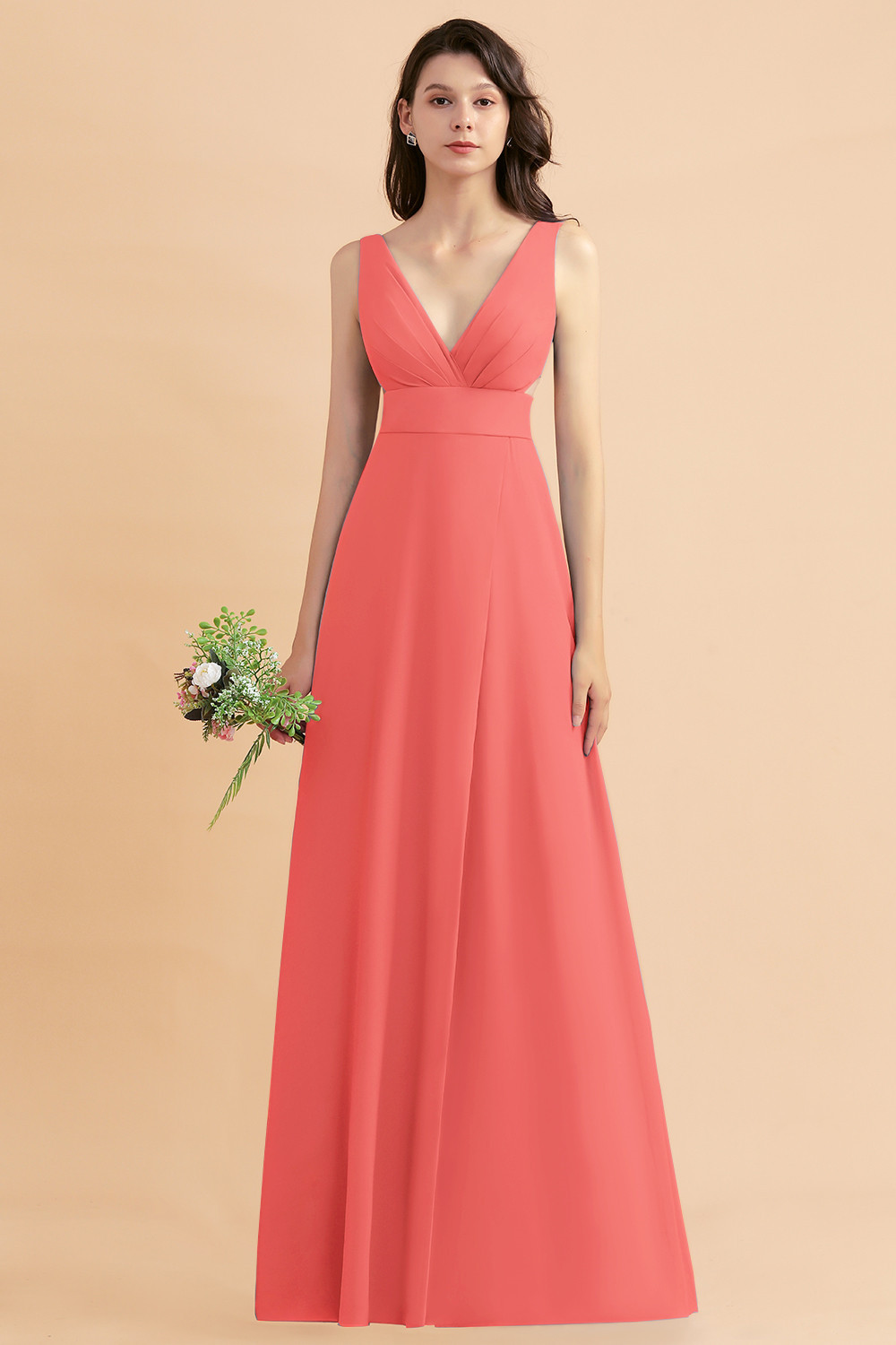 BMbridal A-Line Dusty Blue Chiffon Ruffles Bridesmaid Dress with Slit-BMbridal