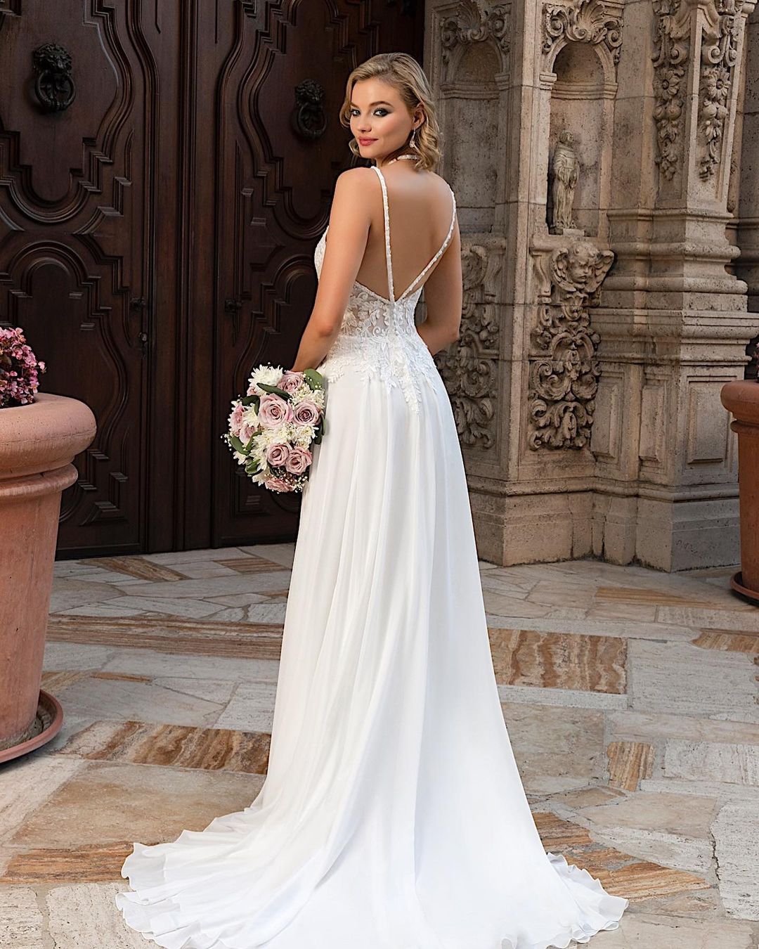 Elegant V-Neck Long A-Line Split Wedding Dress with Chiffon Lace