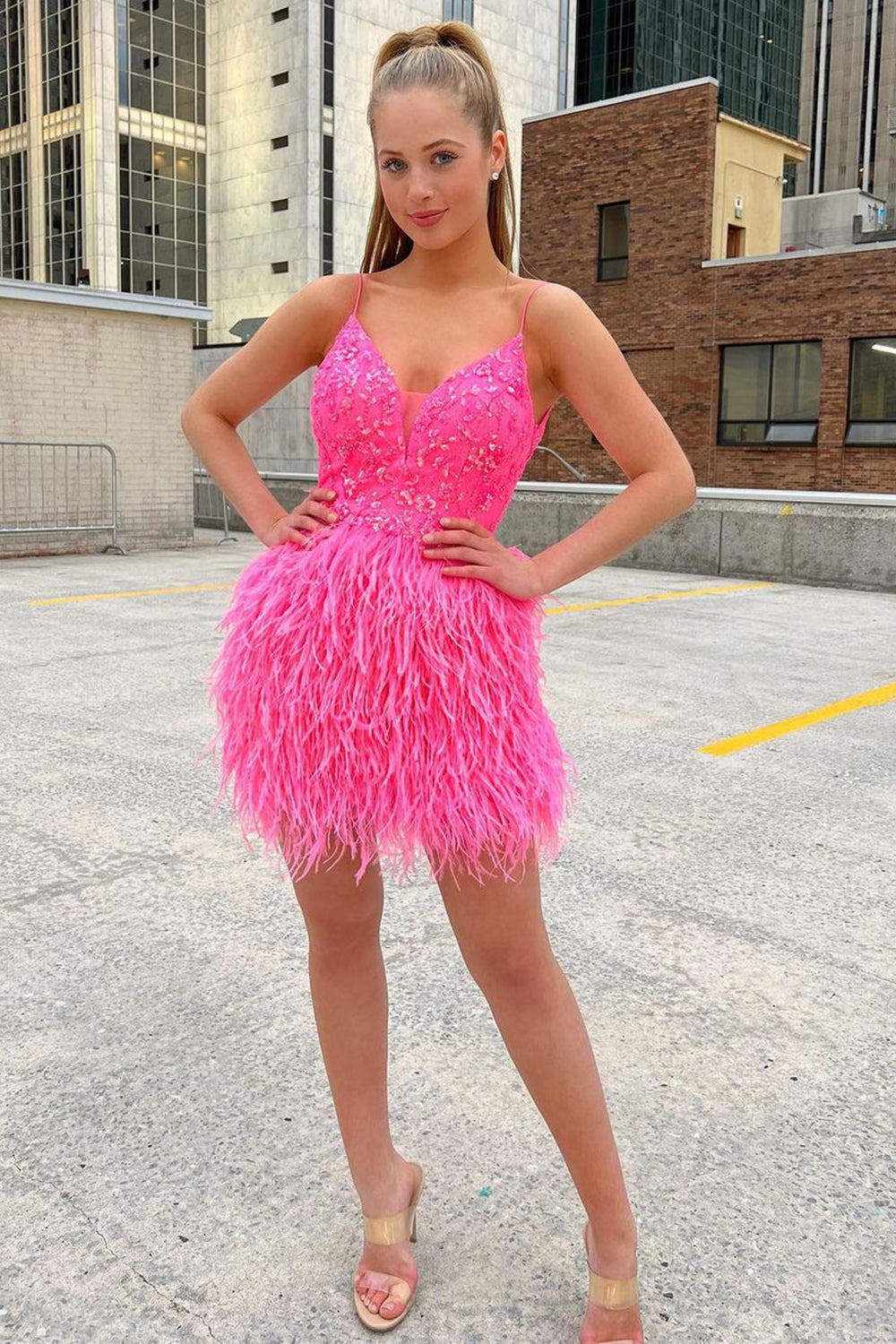 Pink Sequins Tight Homecoming Dress with Feathers-BMbridal