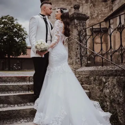 Vintage Long Lace Open Back Mermaid Wedding Dress with Sleeves